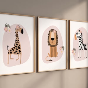 Nursery decor girl, Safari Nursery Wall Prints, Boho Nursery Prints, jungle animals, pink nursery, Nursery Art, animal Nursery Decor
