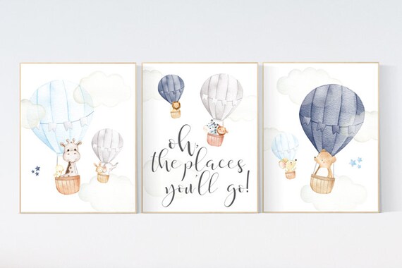 Nursery decor animals, hot air balloon, elephant giraffe, bear, gender neutral, nursery decor navy blue, gray, grey, neutral colors