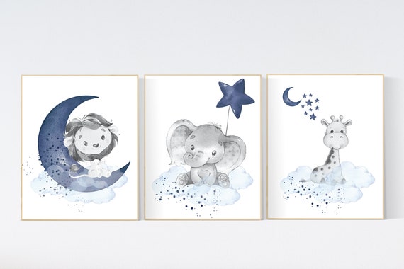 Lion, elephant and giraffe, Navy nursery decor, moon and stars, navy blue nursery art. baby room wall art, boy nursery decor, set of 3