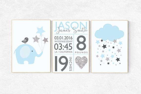 Baby birth stats, nursery, baby boy nursery, baby name wall art, elephant nursery decor, cloud nursery, birth stat elephant, birth stats