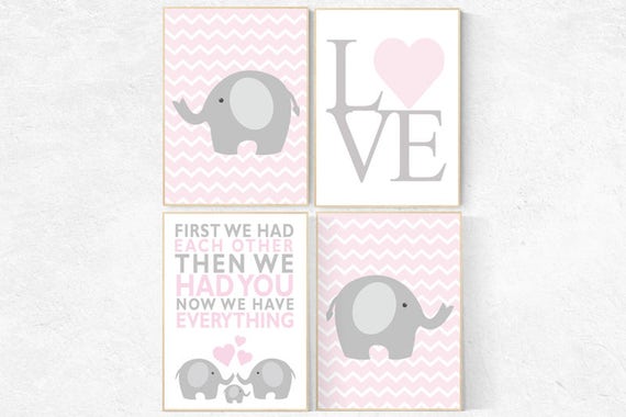 First We Had Each Other, pink gray nursery, Elephant Nursery, Nursery Art, Nursery Decor, Baby Girl Nursery Prints, Baby girl nursery art