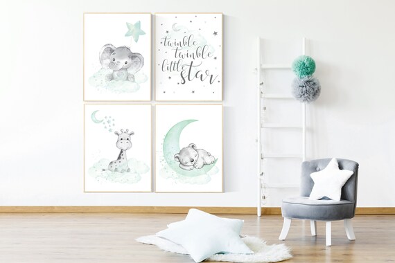 Nursery decor elephant, giraffe, bear, nursery wall art gender neutral, Mint nursery decor, nursery decor twins, mint green nursery prints