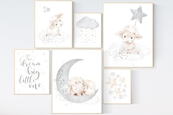 Sheep nursery decor, gray nursery, grey, sheep nursery art, lamb nursery, lamb print, Sheep nursery wall decor, gender neutral, moon, stars