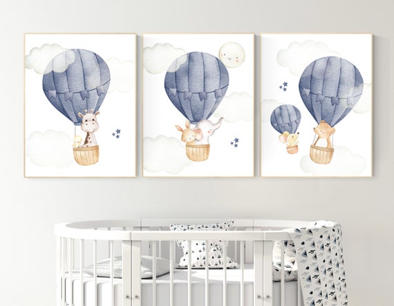 Hot air balloon nursery, Nursery decor boy, navy blue nursery, travel theme, elephant, bear, giraffe, bunny, travel nursery, woodland animal