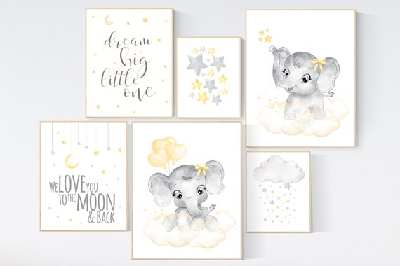 Nursery decor elephant, yellow grey nursery wall art, moon and stars, yellow nursery, gender neutral, twin nursery, unisex, yellow gray