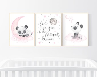 Lámina de panda para guardería: decoración de habitación de niña en rosa y gris