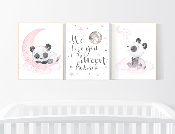 Nursery decor girl, panda nursery, pink and gray nursery wall art, panda nursery print, nursery decor animal, girl nursery wall decor, panda