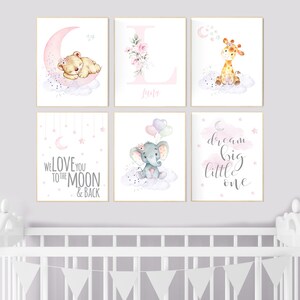 Nursery decor floral jungle, nursery decor animals, Nursery wall art girl elephant, giraffe, bear, pink, purple, girl nursery wall decor