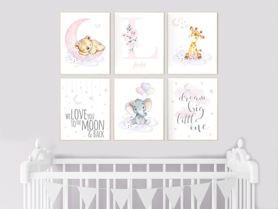 Nursery decor floral jungle, nursery decor animals, Nursery wall art girl elephant, giraffe, bear, pink, purple, girl nursery wall decor