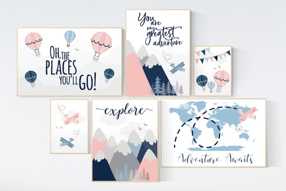 Adventure awaits nursery, Mountain art print set, coral navy mint, Adventure nursery,  coral mint girl, airplane, world map, hot air balloon