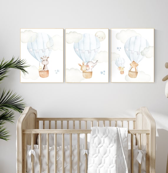 Nursery decor boy adventure, blue nursery, hor air balloon, woodland animals, elephant, baby bear, giraffe, bunny, baby room wall art