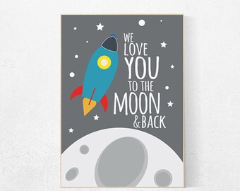 Space Nursery Art Print: Love You to the Moon, raketdecor