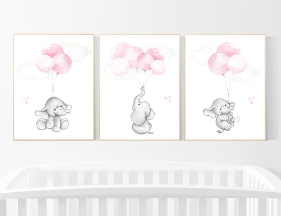 Nursery wall art girl, Nursery decor girl pink and gray, nursery wall art elephant, elephant nursery, nursery wall art animals, woodland.