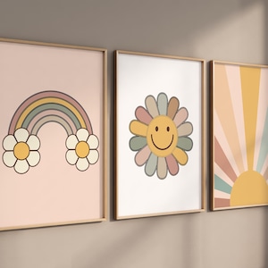 Impresión de cara sonriente, arte de pared de margaritas, guardería moderna, decoración de habitación de niñas, guardería moderna, arte de pared de guardería de niñas, guardería retro, guardería de los años 70