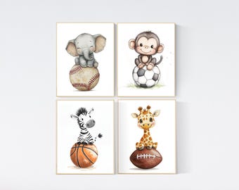 Sport Tierposter Kinderzimmer: Safari Tiere mit Baseball, Football, Fußball, Basketball - 4er-Set