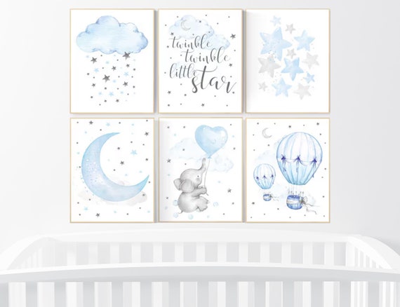 Nursery decor boy elephant, nursery wall art boy, Blue and gray, cloud and stars, hot air balloon, elephant nursery art, moon nursery