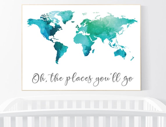 Teal navy World Map print, nursery art, baby's nursery room decor, toddler room, navy teal world map, nursery wall art, baby room decor