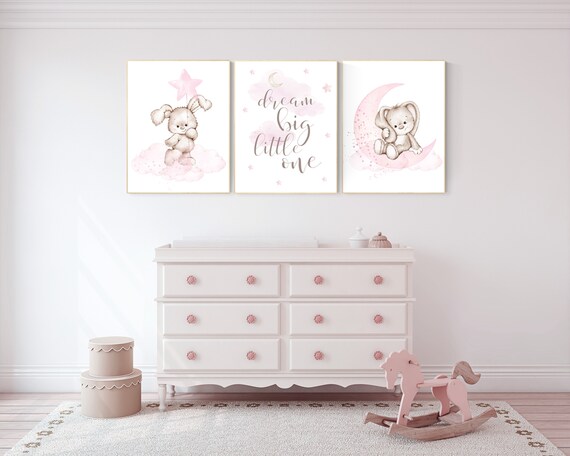 Nursery decor girl bunny, bunny print set, dream big little one, rabbit nursery, girl nursery, nursery wall art bunny, Bunny print nursery