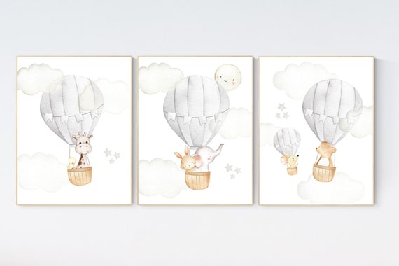 Nursery decor neutral, gray nursery, grey nursery, hot air balloon, animal nursery, gender neutral, baby room decor, elephant, bunny giraffe