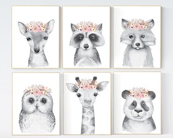 Personalized Boho Woodland Floral Animal Set of 3 Nursery Art Prints ...