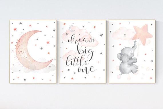 Nursery decor elephant, Nursery decor girl coral, dream big little one, cloud and stars, moon and stars nursery, coral and gray nursery