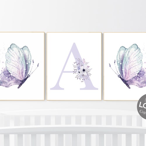 Butterfly Nursery Art Grey Mint Lilac Baby Girl Room Decor Etsy