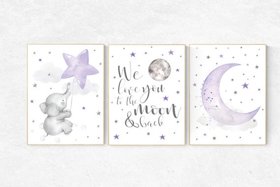 Nursery decor girl purple, elephant nursery, lavender and gray, lilac, we love you to the moon and back, moon nursery, girl nursery ideas