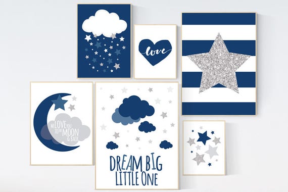 Baby boy nursery decor, navy silver nursery, navy silver nursery set, dream big little one, we love you to the moon and back, cloud nursery