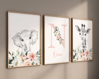 Safari Animals, girl nursery, Animals Prints, Woodland Nursery Decor, Safari Nursery Wall Art, floral animal prints, coral nursery