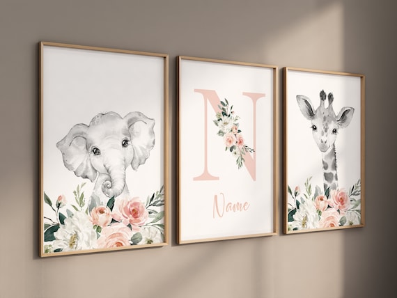 Safari Animals, girl nursery, Animals Prints, Woodland Nursery Decor, Safari Nursery Wall Art, floral animal prints, coral nursery