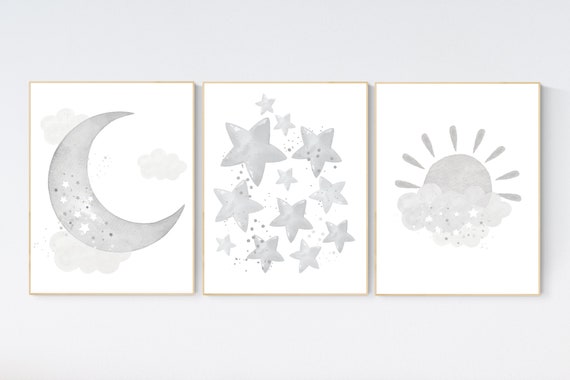 Nursery prints rainbow, Nursery decor gender neutral, nursery wall art neutral, gray nursery, moon star, cloud, nursery art, grey nursery