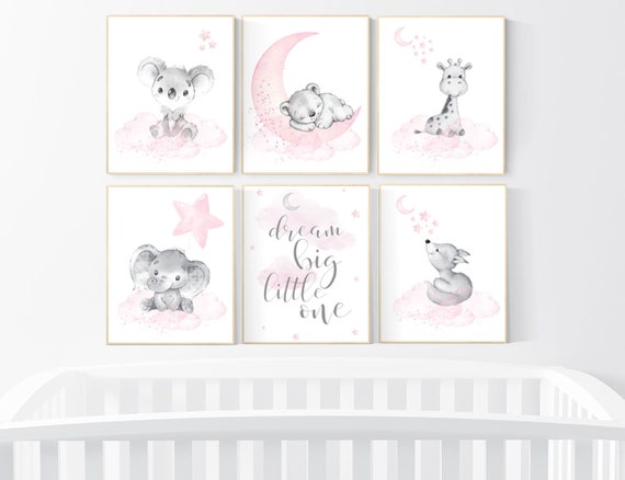 Animal nursery, nursery decor girl pink gray, nursery decor girl woodland animals, teddy bear, elephant, giraffe, baby girl nursery prints