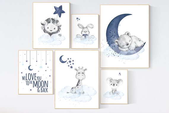 Nursery decor boy animals, giraffe, lion, bear, koala, bunny, boy nursery decor, moon and stars, navy and blue nursery, boy nursery wall art