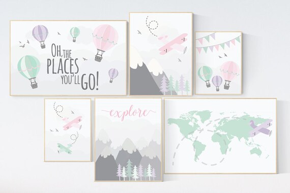 Adventure nursery decor, pink mint lilac, mountain art print set, nursery wall art, airplane, world map, adventure awaits hot air balloon