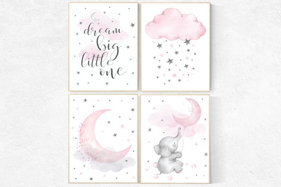 Nursery wall art girl elephant, dream big little one, Nursery decor girl, pink and gray nursery, pink nursery prints, cloud and star nursery