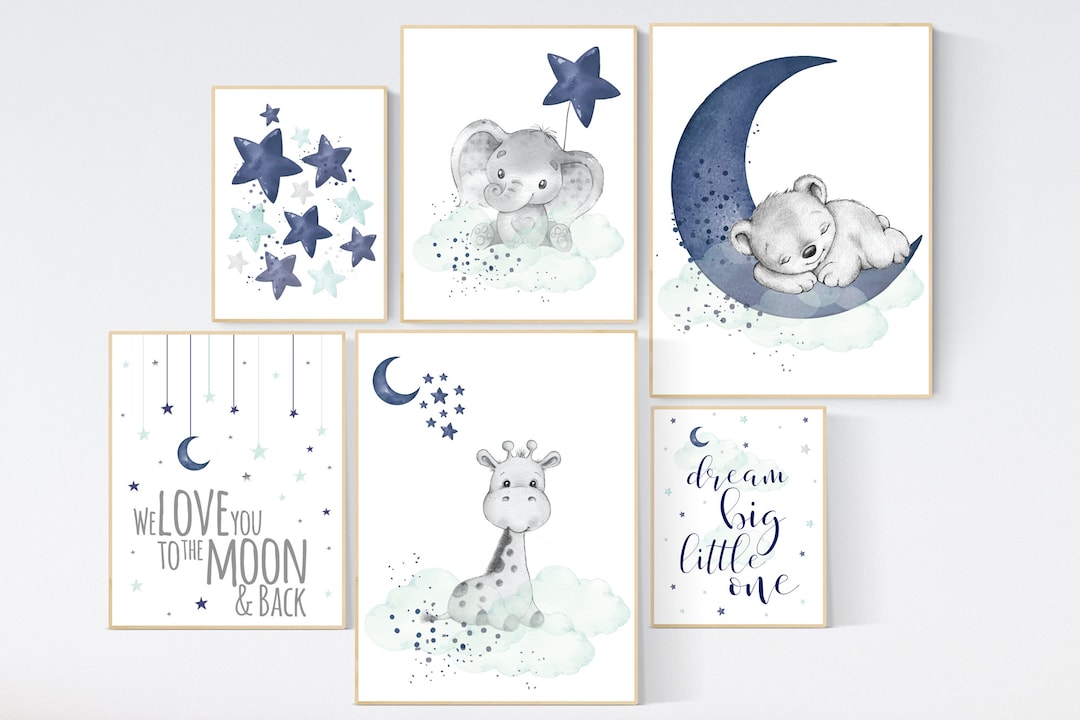Nursery Decor Navy Mint, Navy and Mint Green Nursery, Elephant, Giraffe ...