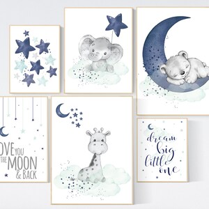 Nursery decor navy mint, navy and mint green nursery, elephant, giraffe, bear nursery, we love you to the moon and back, gender neutral