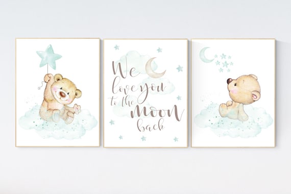 Mint nursery decor, nursery decor bear, teddy bear, gender neutral nursery, moon and stars, we love you to the moon and back, baby room