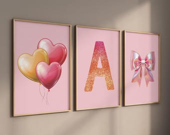 Stampe per la cameretta delle bambine: palloncini a forma di cuore, iniziali, fiocchi (solo stampa)
