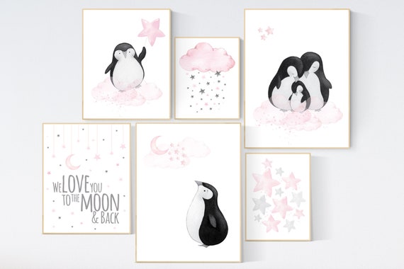 Nursery wall art girl animals, pink grey, nursery decor girl pink, penguin, penguin nursery, moon and stars, baby room decor girl, pink gray