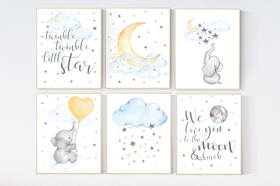 Nursery decor elephant, nursery decor hot air balloons, cloud nursery prints, Nursery decor neutral, moon and stars nursery gender neutral