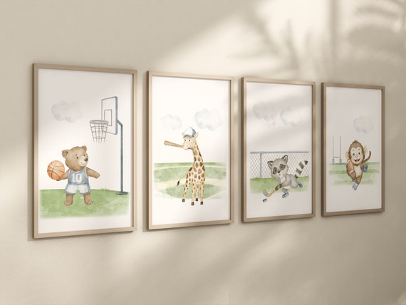 Sports nursery decor, Baby Animals Sport, Baby boy sports nursery, Safari nursery, baseball, football, hockey, basketball, sports animals