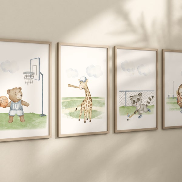 Sports nursery decor, Baby Animals Sport, Baby boy sports nursery, Safari nursery, baseball, football, hockey, basketball, sports animals