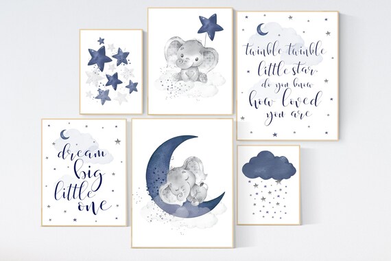 Nursery decor boy, elephant nursery, boy nursery decor, moon and stars, navy nursery, boy nursery wall art, twinkle twinkle little star