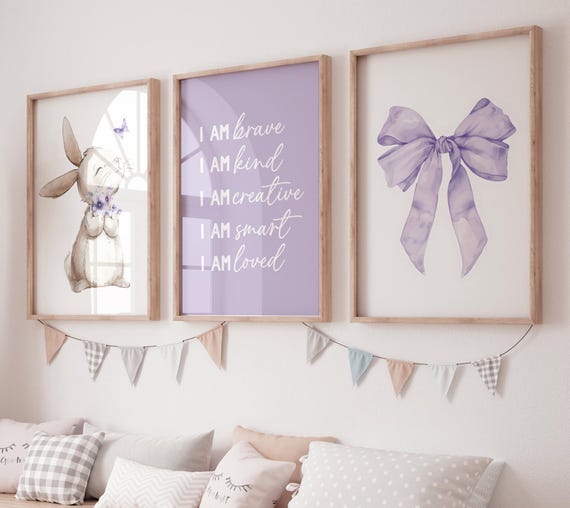 Purple Nursery Wall Art Set of 3, Bunny Print, Purple Bow