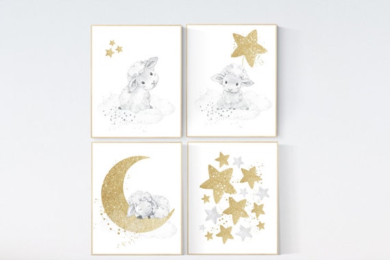 Sheep nursery decor, gold and gray nursery decor, grey, nursery decor lambs, nursery wall art sheep, moon and cloud, gender neutral nursery