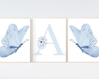 Butterfly Nursery Art Prints: Blue Initial, Girl Room Decor (Set of 3)