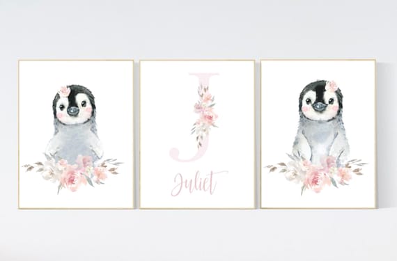 Nursery decor girl, penguin nursery, blush pink and gray nursery wall art, floral nursery, nursery decor animal, girl nursery wall decor