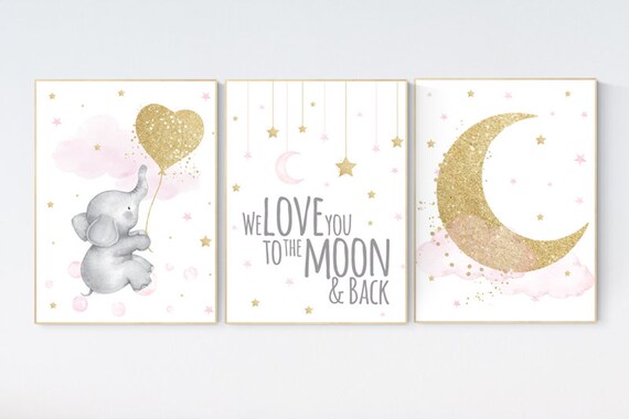 Nursery wall art girl elephant, pink and gold nursery, we love you to the moon and back, pink nursery art, cloud and stars, baby room decor