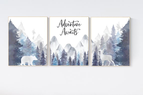 Nursery decor woodland, mountain wall art, tree nursery decor, adventure theme nursery, forest, navy and baby blue, woodland animals